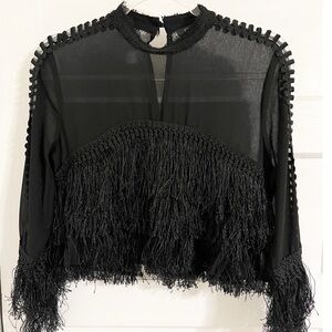 HERA Rosebullet Black Tassel Long Sleeve Sheer Layered Fringe Blouse Glam Grunge